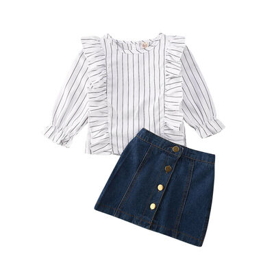 

Toddler Baby Kids Girl Stripe T-shirt Ruffle Tops Denim Skirt Outfits Clothes