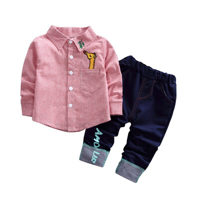

Children Clothing Suit Boy Long-sleeved Shirt Denim Trousers Two-piece Suit Solid Color Blue Pink