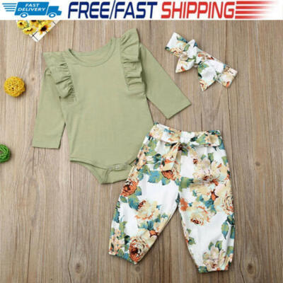 

3Pcs Toddler Kids Baby Girl Ruffle Clothes T-shirt TopsFloral Pants Outfits Set