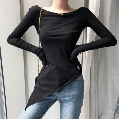 

Women Solid Slim T-Shirt Casual Pullover Tops Slash Neck Female Irregular Split Tee Shirt Fashion Long Sleeve T Shirt