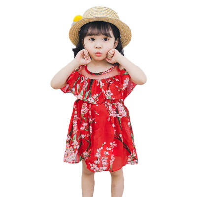 

Summer Children Girls Cute Dress Flower Chiffon Floral Print Stitching Bottoming Sleeveless Sweet Princess Off-Shoulder Dress