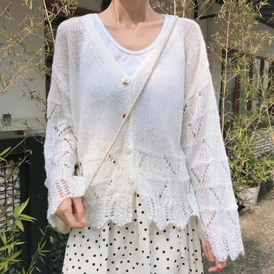 

2019 Fashion Ladies Hollow Sweaters Long Sleeve Cardigans Thin Tops V-Neck Ruffles Solid Sweaters Single Breasted Knitted Tops