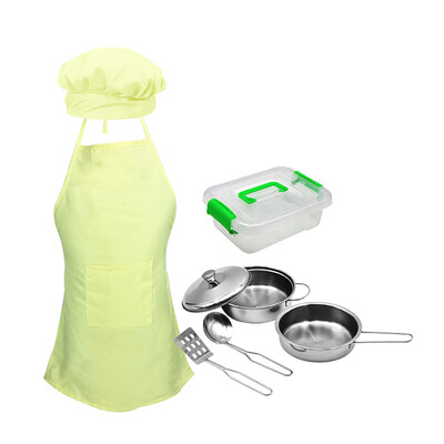 Tailored 8pcs Girls Cooking Apron Hat Stainless Steel Pot Set Kitchen Role Play Toy Kids