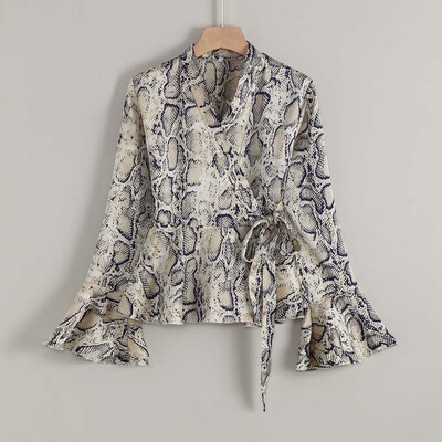 

Tailored Fashion Women V-Neck Serpentine Leopard Print Top Ladies Loose Long Sleeve Top