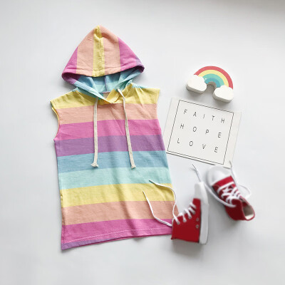 

Girls Stripe sleeveless Rainbow Cotton Brand Summer Girl Dress Straight Hoodie Dresses For Girls