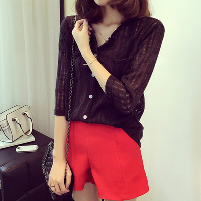 

Women Lady Fashion V-Neck Blouse Spring Autumn Loose Casual Three Quarter Sleeve Femme Tops Shirts Plus Size New