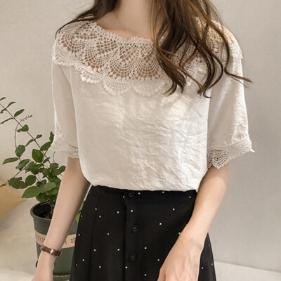 

Womens Tops Blouses Lace Patchwork Short Sleeve Solid Shirt O neck Chiffon Blouse Exquisite Beautiful Women Shirt Summer