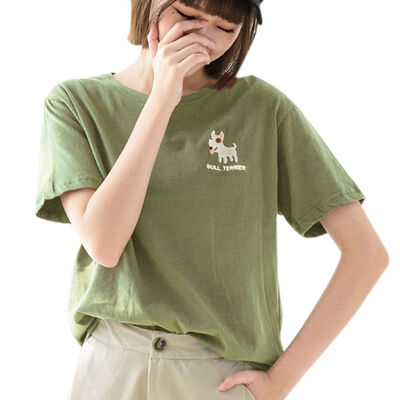 

Women Animal Dog Embroidery Tees Summer Cotton T Shirt Cartoon O Neck Top