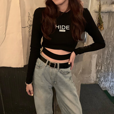 

Spring Autumn Women T-Shirt Round Collar Exposed Navel Letter Print Long Sleeved Casual Shirt Wild Tops Black White Gray