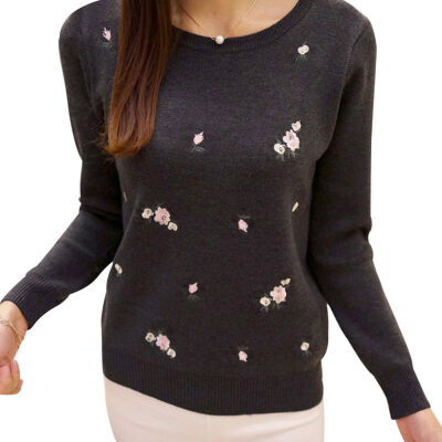 

Autumn Winter Women Fashion Slim Plum Embroidery Round neck Bottoming Sweater Long-sleeved Pullover