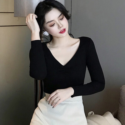 

Fashion V Neck Sexy T Shirt Women Pleat Solid Color Tshirt Slim Long Sleeve T-shirt Casual Simple Wild T-Shirt Tops