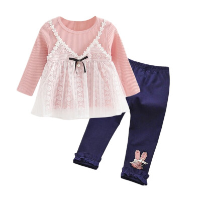 

New Autumn Baby Girls Clothes 0-4T Casual Fake 2 Piece Long Sleeve T-shirt TopsPants Suits Costume Set