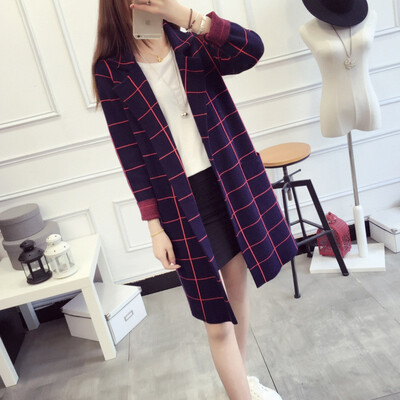 

Womens wear of 2018 new Korean suit-collar plaid knitted sweater with a long&loose cardigan jacket