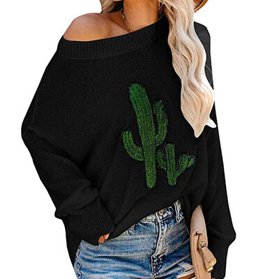 

Womens Cactus Print Pullover Sweater Casual Loose Crewneck Thin Sweatshirt