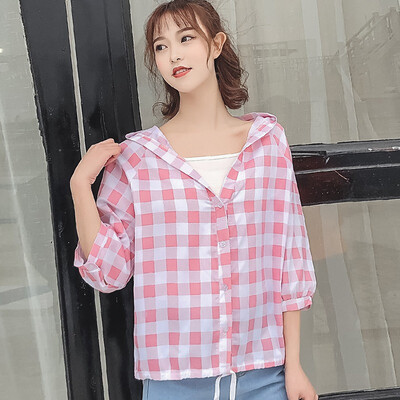 

2019 Women Blouses Long Sleeve Shirts Cotton Plaid Hooded Shirt Casual Female Blouse Tops