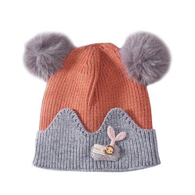 

Newborn Hat Toddler Kids Baby Warm Winter Wool Hat Cartoon Print Knitted Beanies Fur Hat With Plush Balls 0-24M