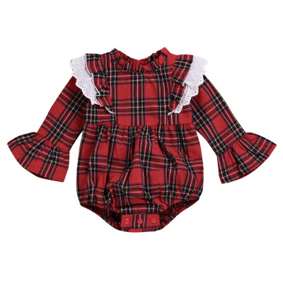 

Newborn Infant Baby Girls Sisters Red Plaid Bell Sleeve Bodysuit Jumpsuit Outfits Clothes Long Sleeve Baby Girl Babysuits