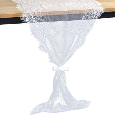 

55x300cm Flower Lace Table Runner White Table Flag with Eyelash Edge for Wedding Decoration Gift Bow Ribbon