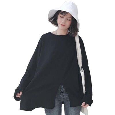 

Women Autumn Long Sleeve Loose Tops Round Collar Hem Slit Solid Color Female T-shirts Slim Versatile Casual Girl Ladies Tops