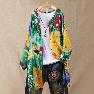 

Tailored Fashion Women Casual Loose Long Sleeve Cotton And Linen Print Cardigan Tops Coat