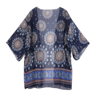 

Summer Beach Blouses & Shirts Fashion Women Three Quarter Sleeve Floral Chiffon Top Blouse Cardigan Shirts