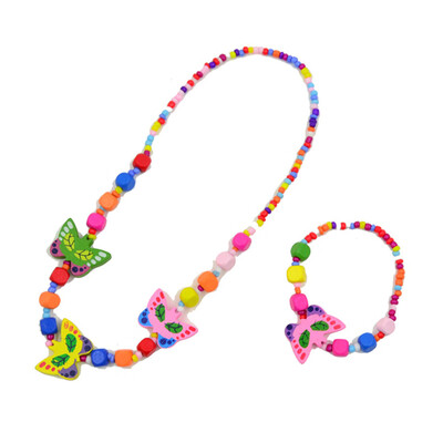 

1 Set Girls Pink Wooden Lovely Smile Beaded Necklace & Bracelet Kids Jewelry