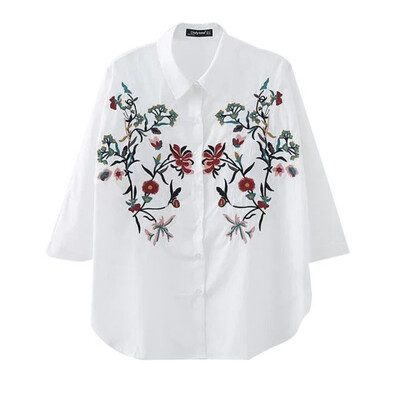 

Women Spring Elegant White Color Shirts Flower Embroidery Loose Blouses Long Sleeve Ladies OL-Style Wear Tops Blusas