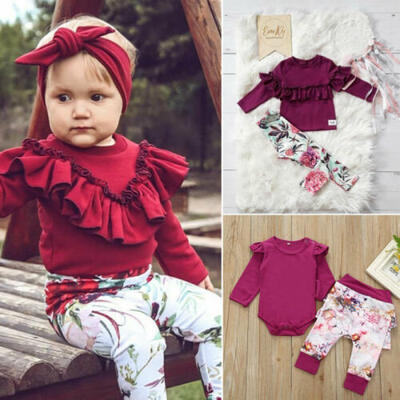 

UK Infant Baby Girls Kids Ruffle Long-sleeved Top Romper Flower Trousers Clothes