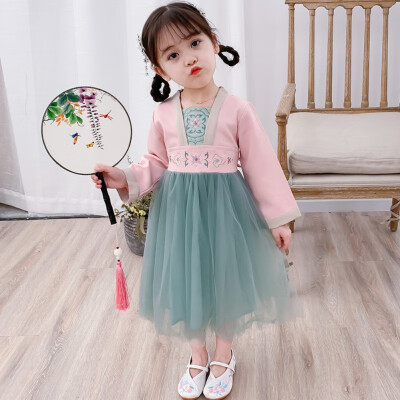 

Children Clothes 1-7T Autumn Girls Cute Embroidered Mesh Stitching Princess Long-Sleeved Sweet Dress