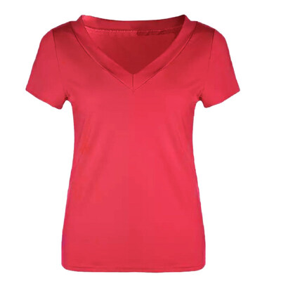 

Plus Size Solid Color Slim Fit Women Deep V Short Sleeve T-Shirt Summer Top