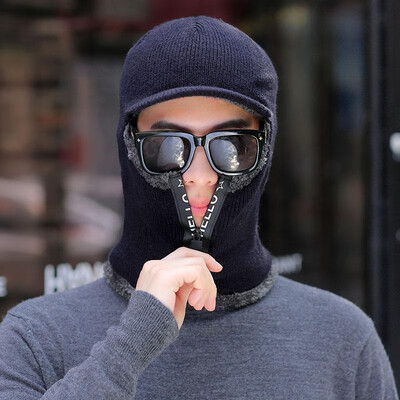 

New Men Winter Beanies Skullies Wool Knitted Cap Mask Plush Pocket Hat Thick Warm Unisex Snow Cap