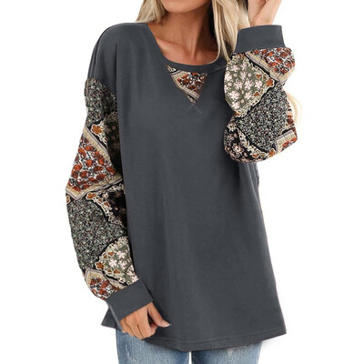 

Tailored Women Casual Boho Print Shirt Splice Long Sleeve Blouse Round Neck Loose Tops