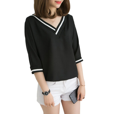 

Casual Women Solid Color Striped V Neck 34 Sleeve T-Shirt Summer Loose Top
