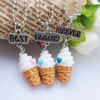 

3 Pcs Set Best Friends BFF resin ice cream pendant bead chain necklace