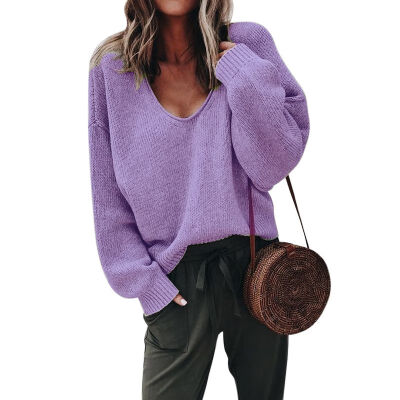 

Women Casual Knitted V-Neck Loose Sweater Long Sleeve Pullovers Solid Color 2019 New Autumn Winter Fashion Womens Warm Tops