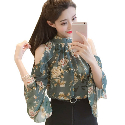 

New Style Casual Women Chiffon Blouse Tops&Blouses Stand Collar Floral Print Cold Shoulder Flare Sleeve Women Tops