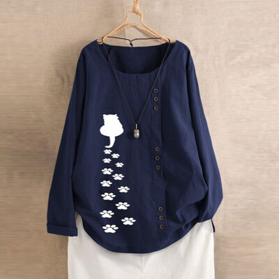 

Tailored Plus Size Women Long Sleeve Cotton Linen O-Neck Cat Print Blouse Top T-Shirt