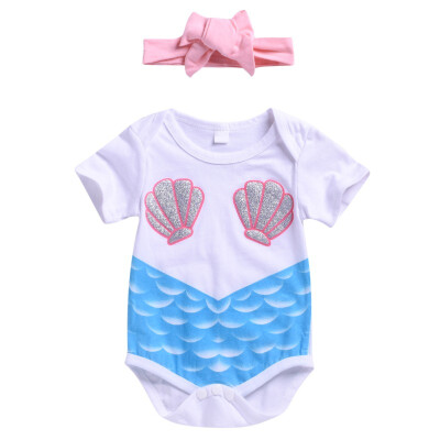 

Baby girl romper set in summer cartoon shell white jumpsuit romperpink bow-knot headband for 0-24M