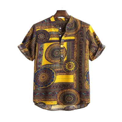 

Mens V Neck Short Sleeve Printed Blouse Ethnic Style Retro Vintage Summer Tops
