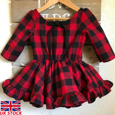 

UK Xmas Toddler Baby Girl Christmas Romper Dress Tutu Skirt Plaid Outfit Clothes
