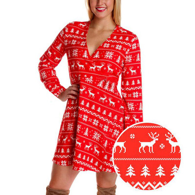 

Tailored Womens Christmas Costumes Fashion V Collar Autumn&Winter Printing Dress
