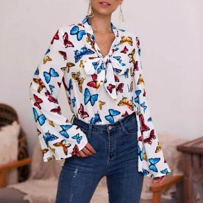 

2019 Autumn New Women Bow Tie Butterfly Print Trumpet Sleeve Long Sleeve Shirt Office Lady Clothing White Black