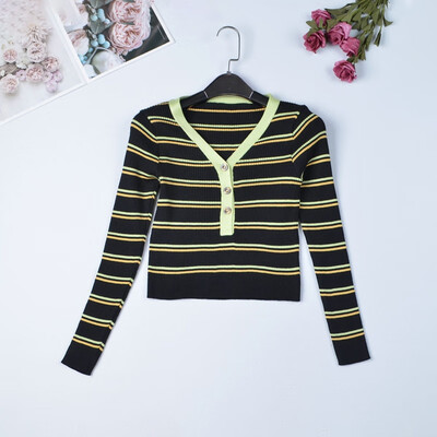 

Retro chic womens sweaters striped v neck korean style ladies slim fit jumpers autumn female clothes pull pullover