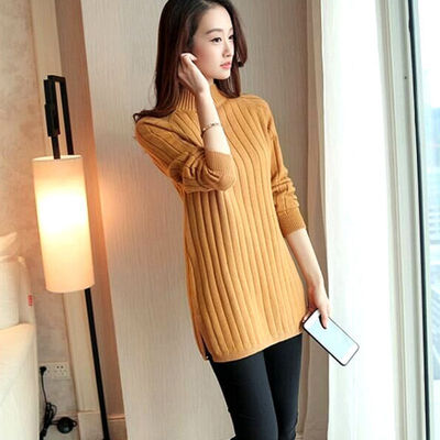 

Autumn Winter Women Mid-long Sweater Ladies Pullover Sweater Solid Color Base Knit Split Dress