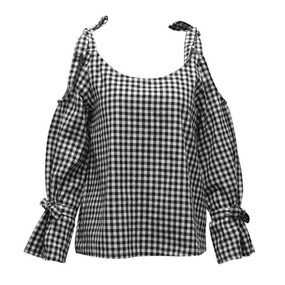 

Women Plaid Shirt Full Sleeve Hollow Out Bow Shirt Fashion O-neck Sweet Ruff Sleeve Shirt