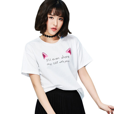 

Cat Ears Printed O-Neck Short Sleeves White Color Wild Tee Korean Version T-shirt For Women Loose Summer Bottoming Tops Female