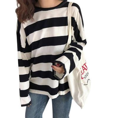 

Striped Tees Round Neck T-shirts Women Long Sleeve Loose Pullovers Tops
