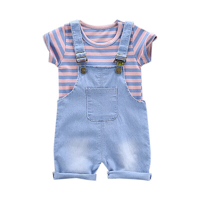 

Summer Baby Clothes Baby Boys Girls Short Sleeve Striped Print Tops Blouse ShirtDenim Strap Shorts Casual Outfits Sets
