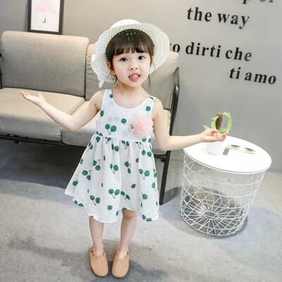 

Baby Summer Girls Vest Dress Cartoon Printed Round Neck Cotton Cherry Print Princess Cute Sweet Sleeveless Vest Dress