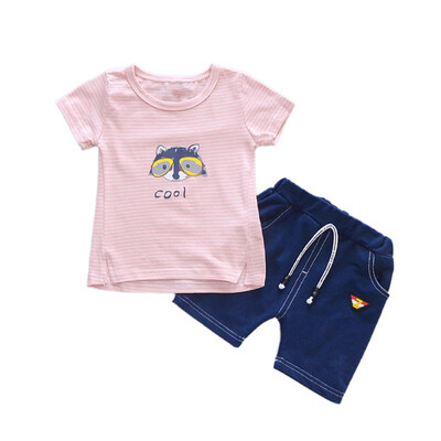 

Hot children suit cartoon little fox striped short-sleeved shorts suit cottondenim leather for 0-5 years old